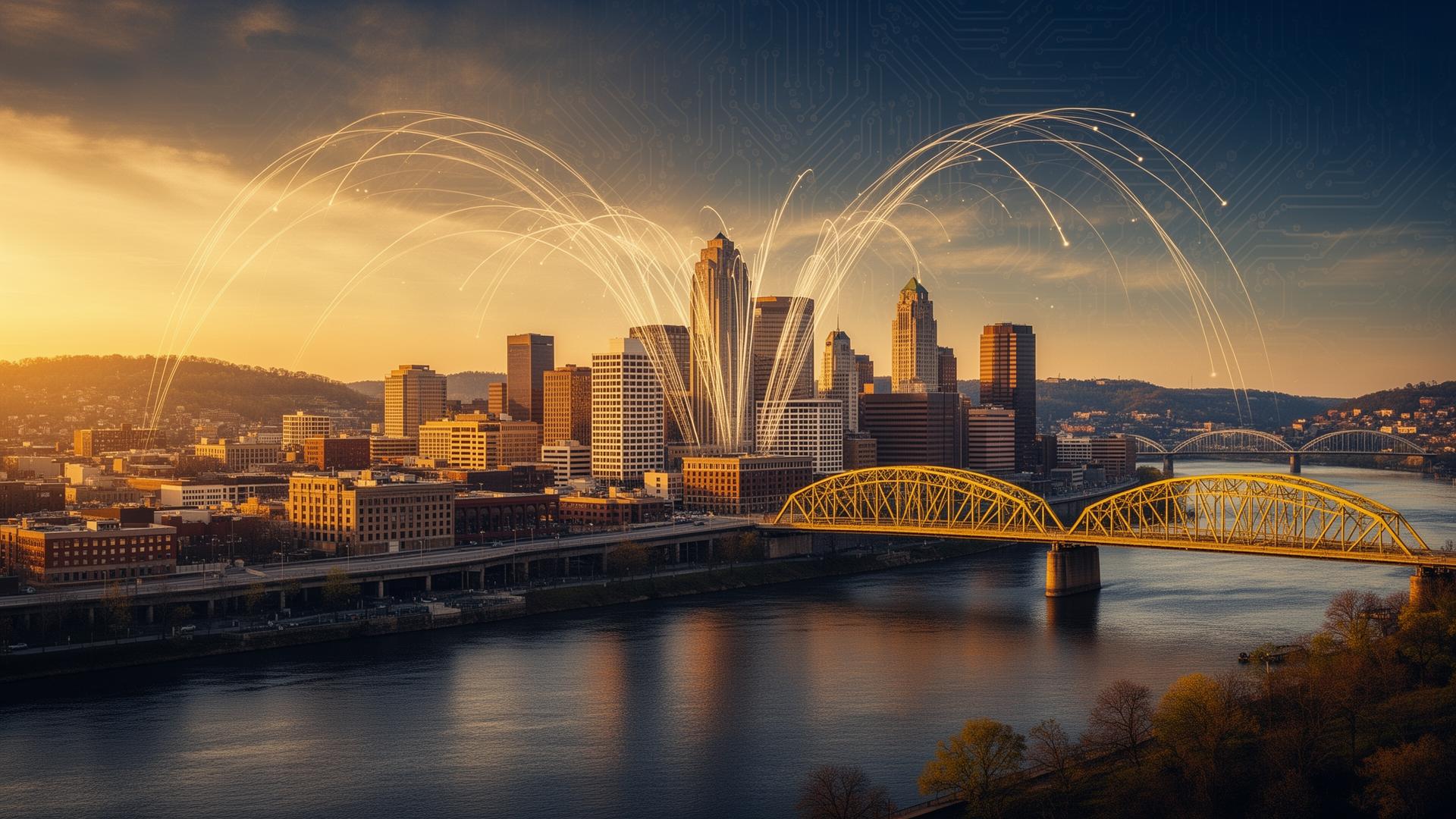 Pittsburgh skyline with tech overlay — Mopshy AI headquarters